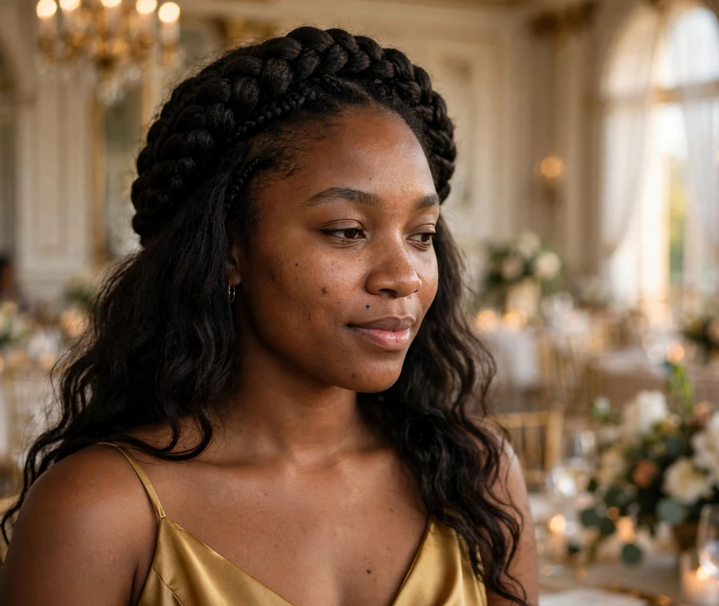 Thick braided crown halo circling the head with soft waves on natural hair, gold bridesmaid dress, elegant ballroom