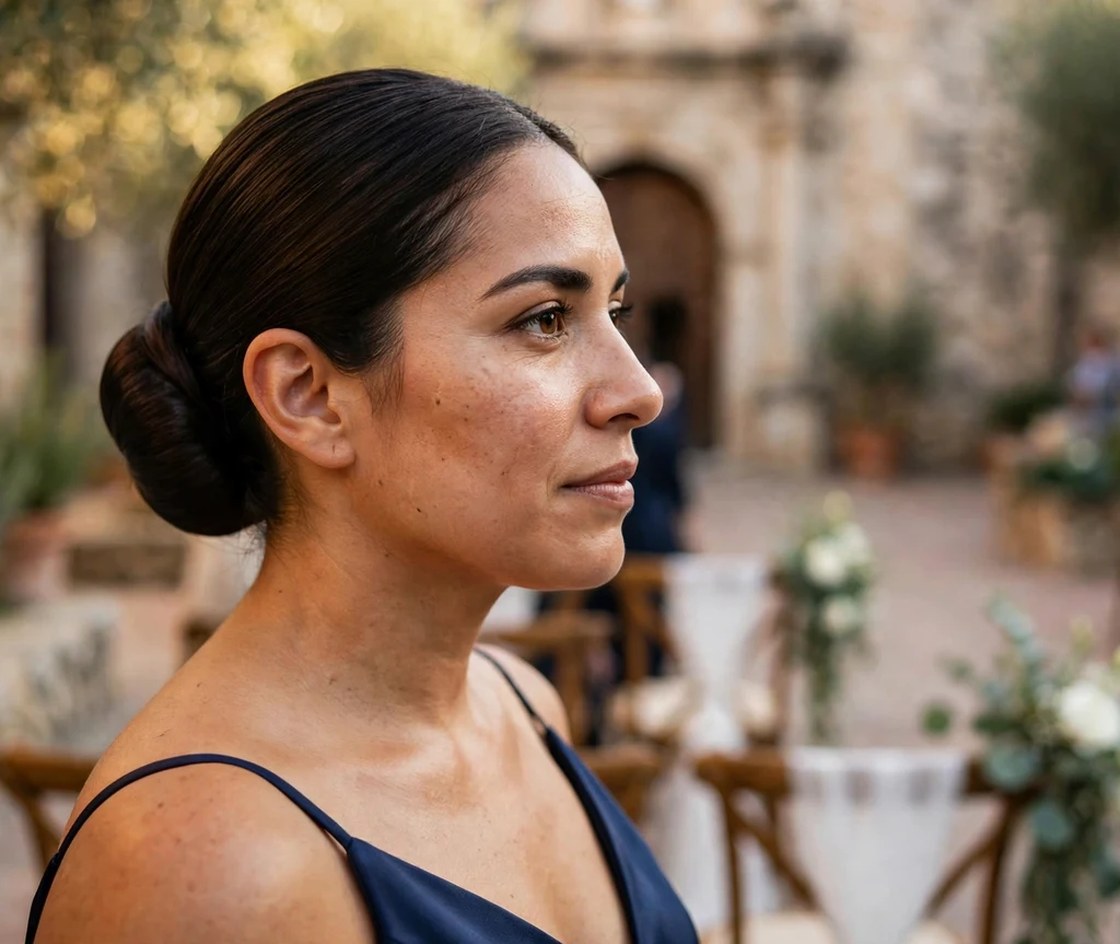 Sleek polished low bridesmaid bun at the nape on dark brown hair, navy blue dress, church courtyard