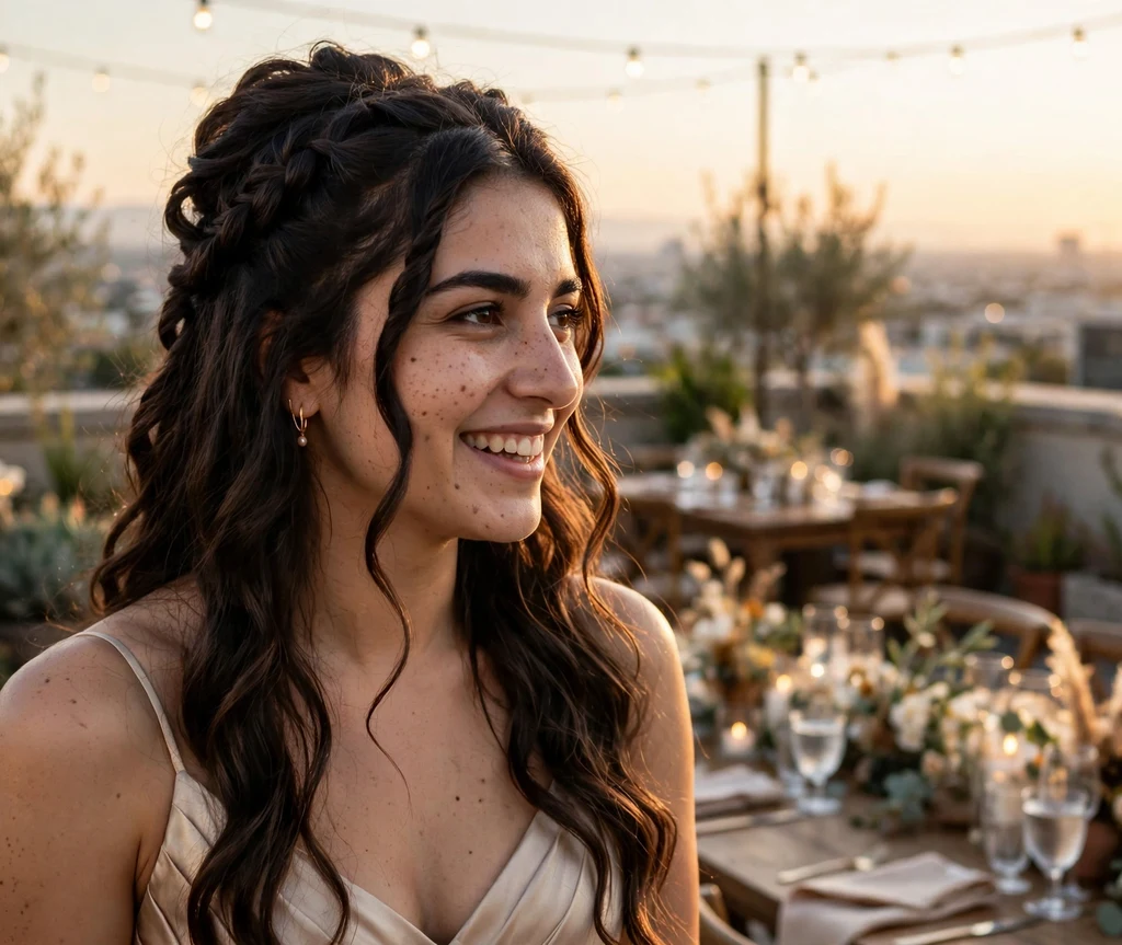 Half-up half-down bridesmaid hairstyle with twisted front sections and crown volume on long wavy dark brown hair, champagne dress, rooftop wedding