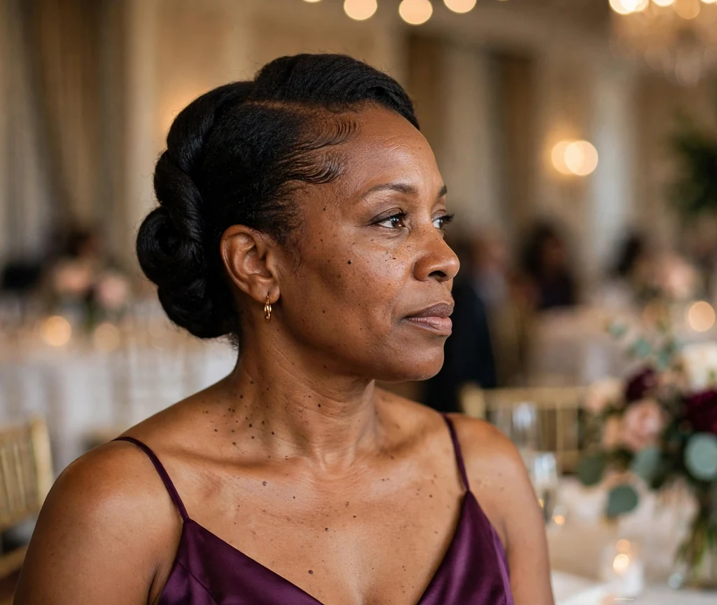 Classic smooth French twist bridesmaid updo on short natural hair, plum bridesmaid dress, hotel ballroom