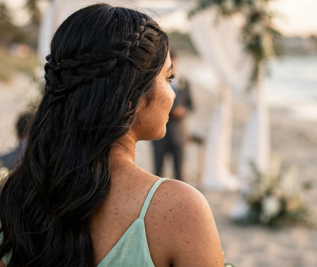 Delicate waterfall braid across long flowing black hair for a bridesmaid, mint green dress, beach wedding