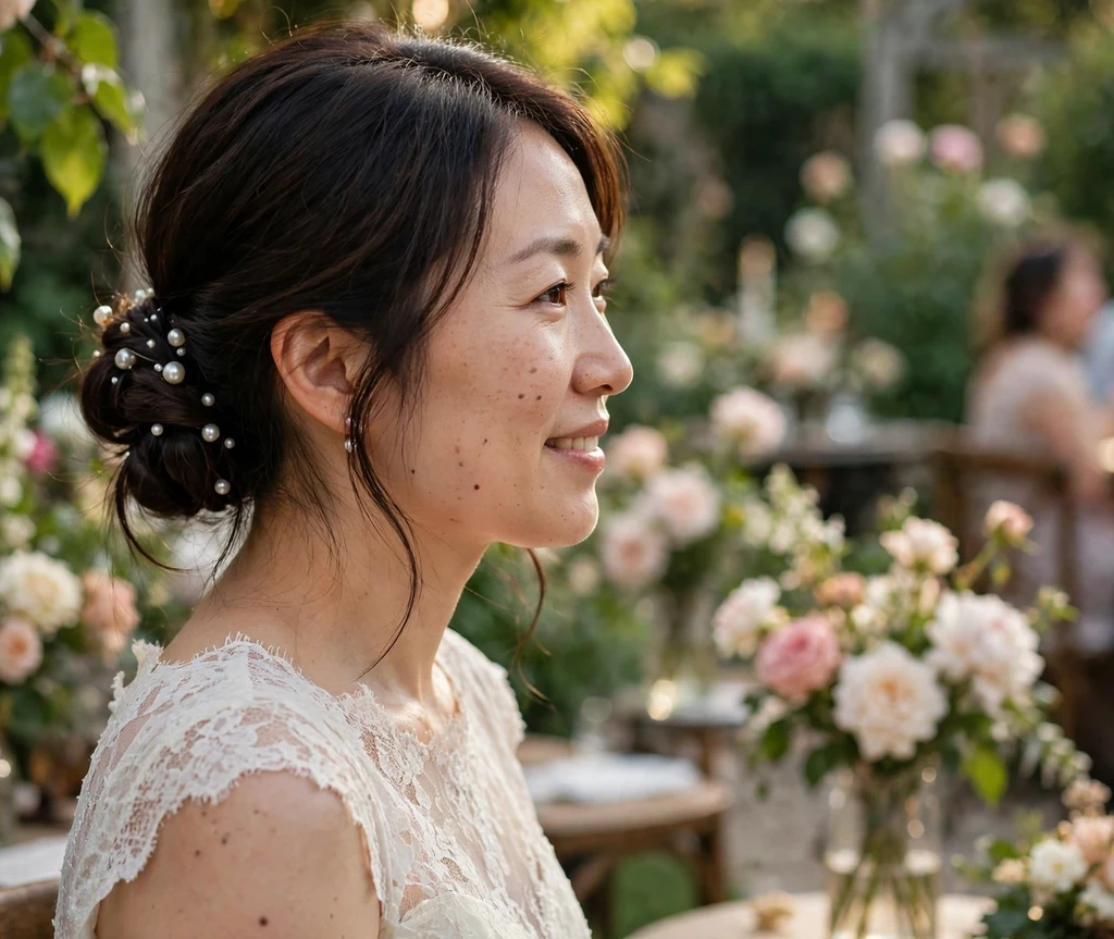 Low twisted bridesmaid bun decorated with small pearl pins on dark brown hair, ivory dress, garden wedding
