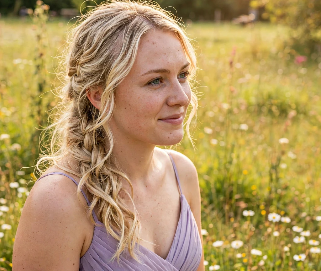 Soft loose side braid draped over one shoulder with waves on blonde hair, lavender bridesmaid dress, meadow wedding