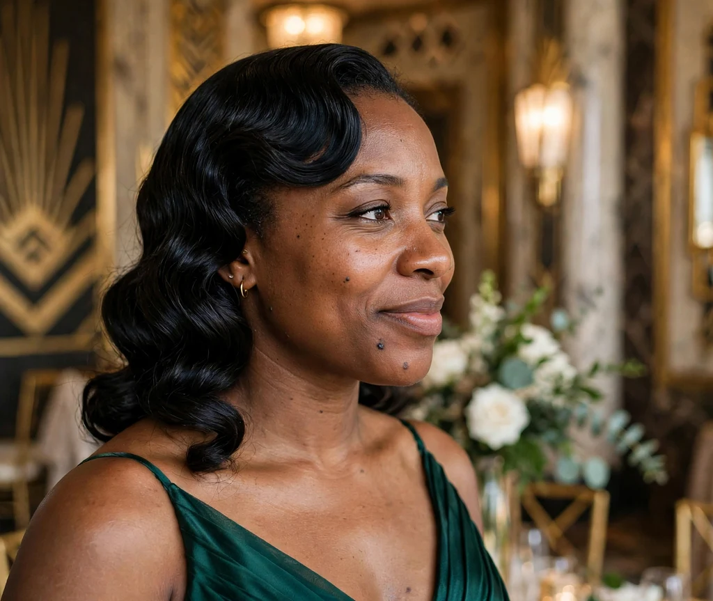 Vintage Hollywood glam waves with deep side part for a bridesmaid, emerald green dress, art deco wedding hall