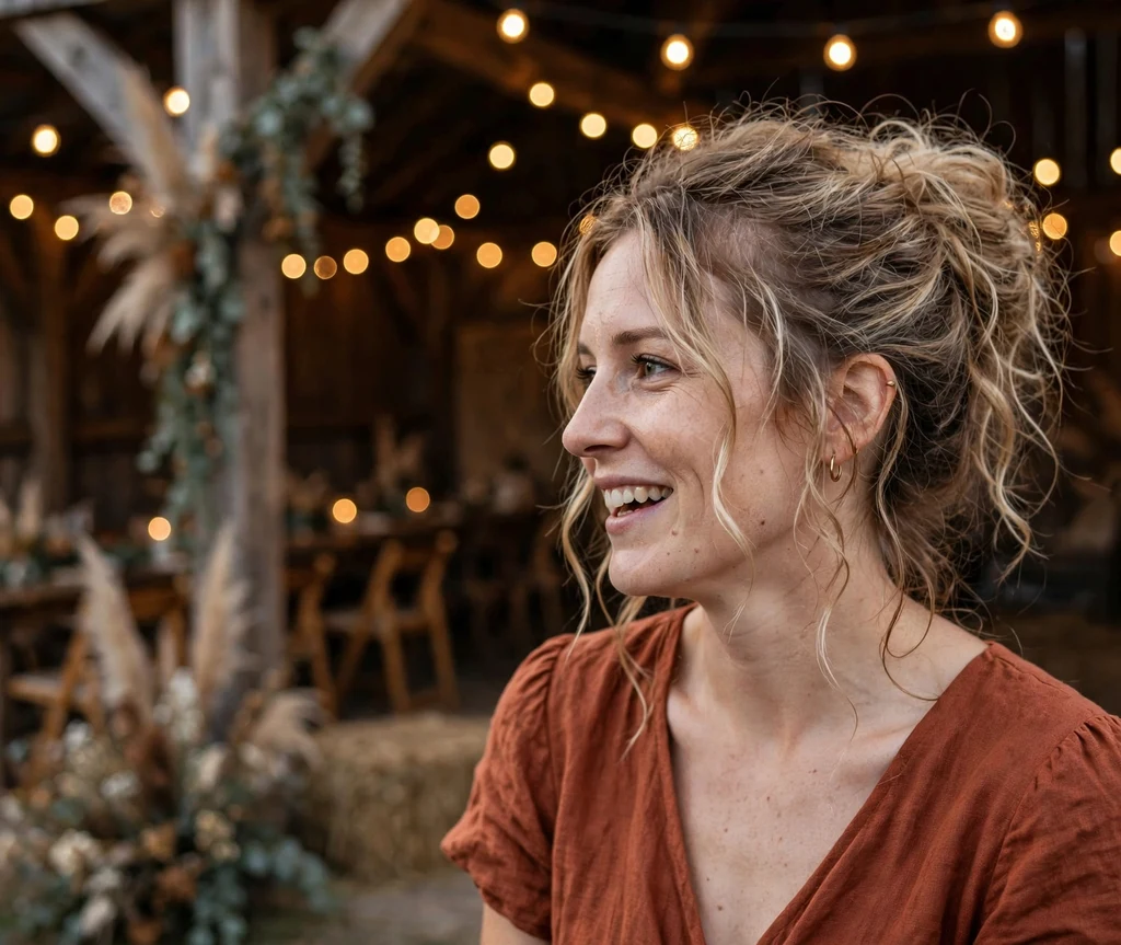 Messy romantic boho bridesmaid updo with loose tendrils and texture on dirty blonde hair, rust dress, barn wedding