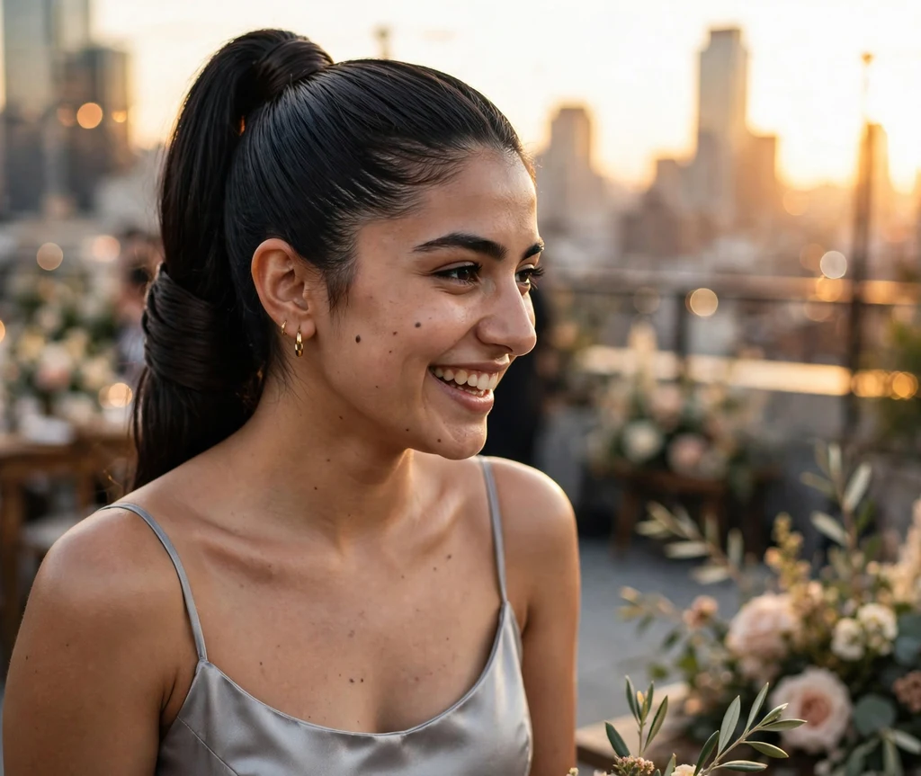 Sleek high bridesmaid ponytail with hair-wrapped base on long dark hair, silver dress, city rooftop wedding