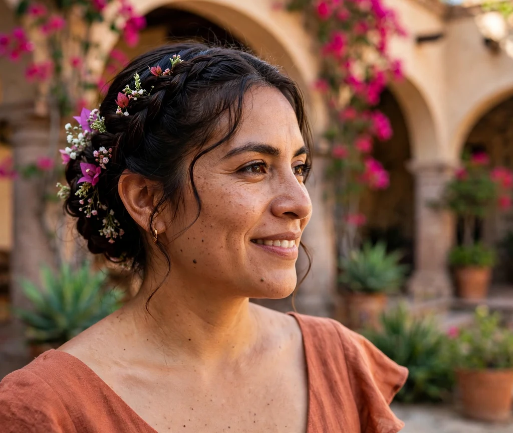 Floral braided bridesmaid updo with small blooms woven through braids on dark brown hair, terracotta dress, hacienda wedding