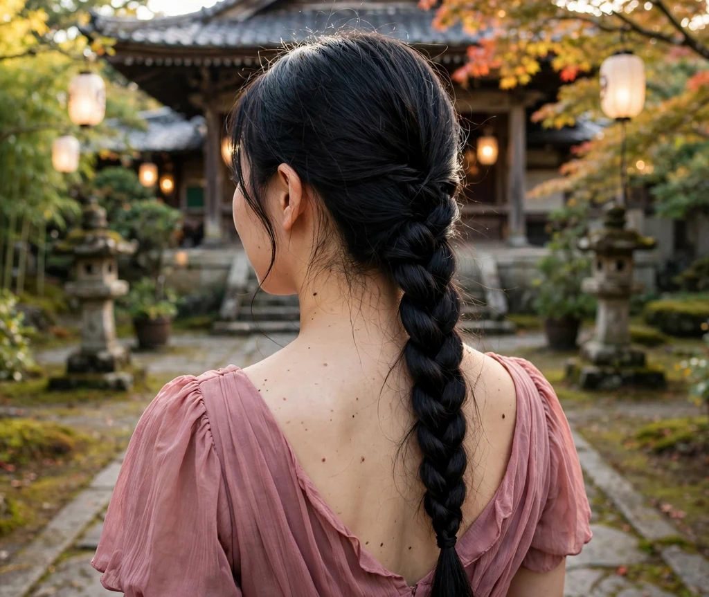 Classic neat French braid down the back for a bridesmaid on very long black hair, dusty rose dress, temple garden wedding