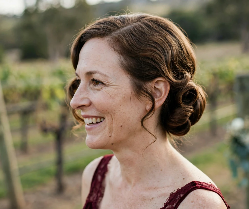 Elegant Gibson tuck vintage rolled bridesmaid updo on shoulder-length brown hair, burgundy dress, vineyard wedding