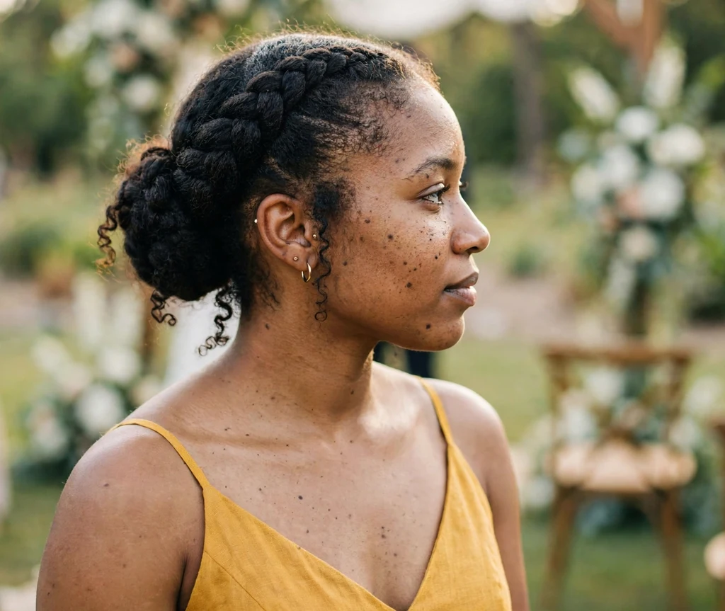 Dutch braid styled into a braided bridesmaid updo on natural hair, mustard yellow dress, outdoor wedding ceremony