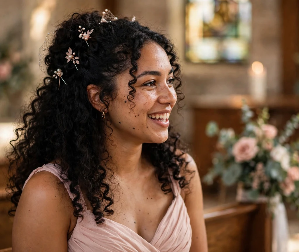 Curly half-up bridesmaid hairstyle with small decorative veil pins on voluminous curly dark hair, blush dress, chapel wedding