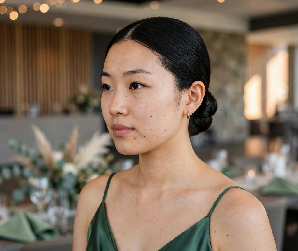Sleek middle-part low bridesmaid bun with pin-straight finish on long black hair, jade green dress, modern wedding hall