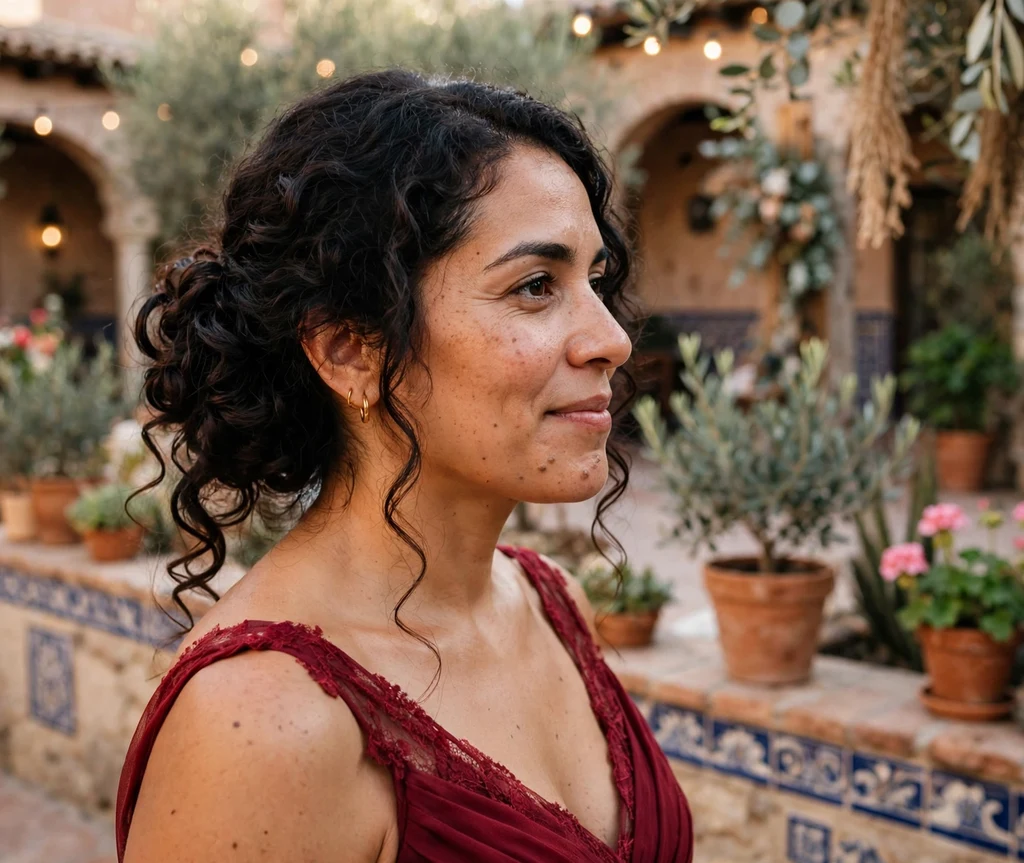Romantic side chignon with soft curls swept to one side for a bridesmaid on dark curly hair, wine-red dress, Spanish courtyard wedding