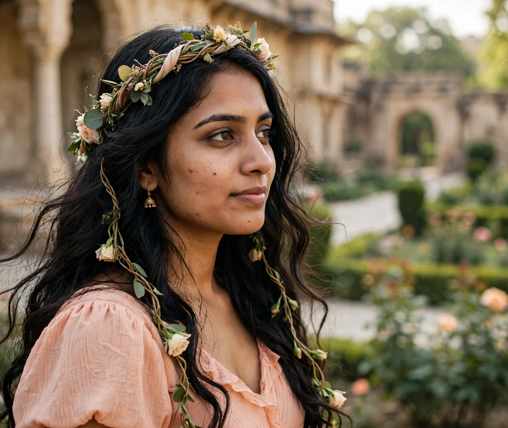 Twisted crown with long loose waves flowing down for a bridesmaid on long wavy black hair, peach dress, palace garden wedding