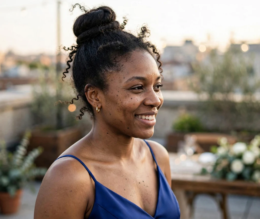 Elegant high top knot bridesmaid bun on natural hair, royal blue dress, rooftop wedding