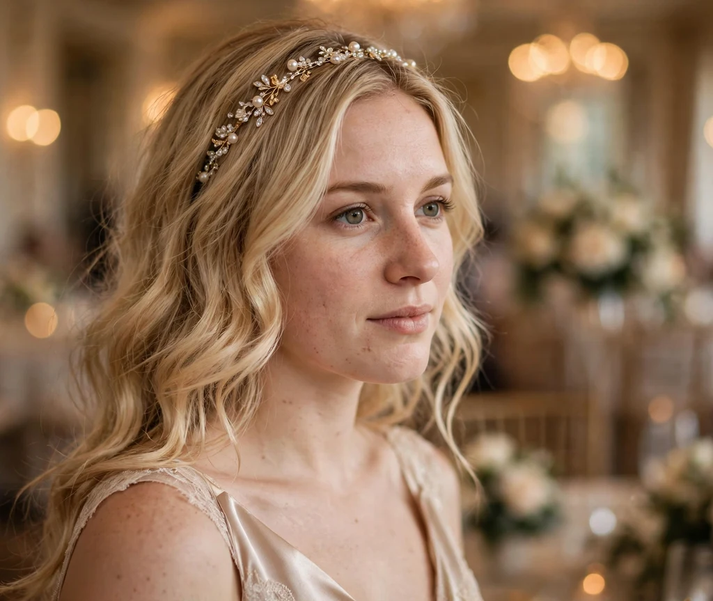Soft flowing bridesmaid waves with a delicate jeweled headband on blonde hair, champagne dress, ballroom wedding