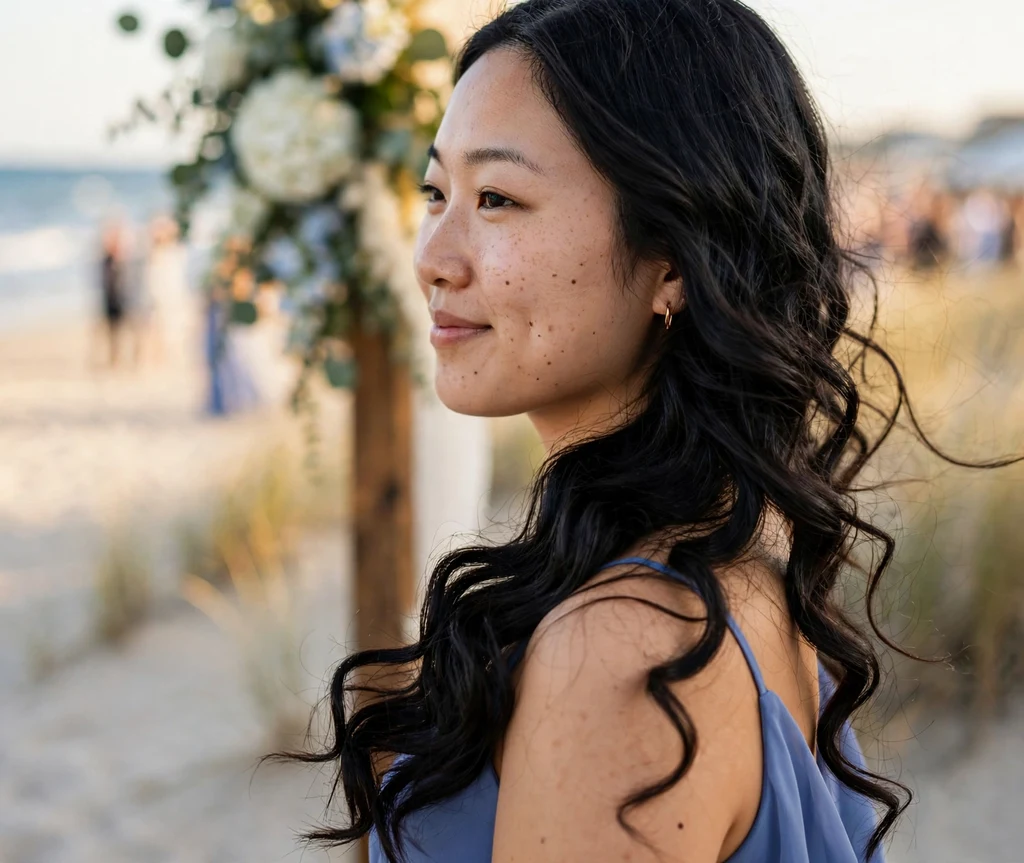 Side-swept loose bridesmaid curls cascading over one shoulder on long wavy black hair, periwinkle blue dress, beach wedding
