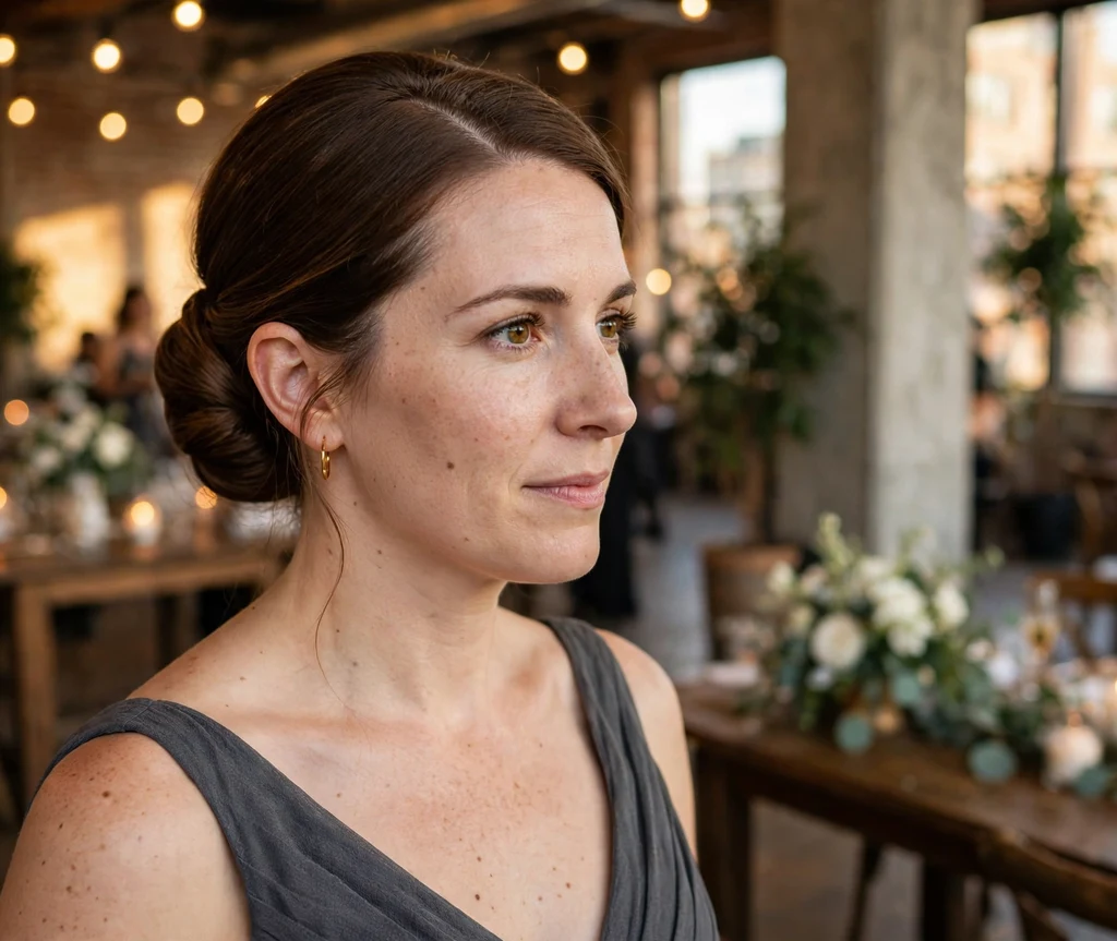 Polished side-part bridesmaid chignon on brown hair, charcoal gray dress, city loft wedding