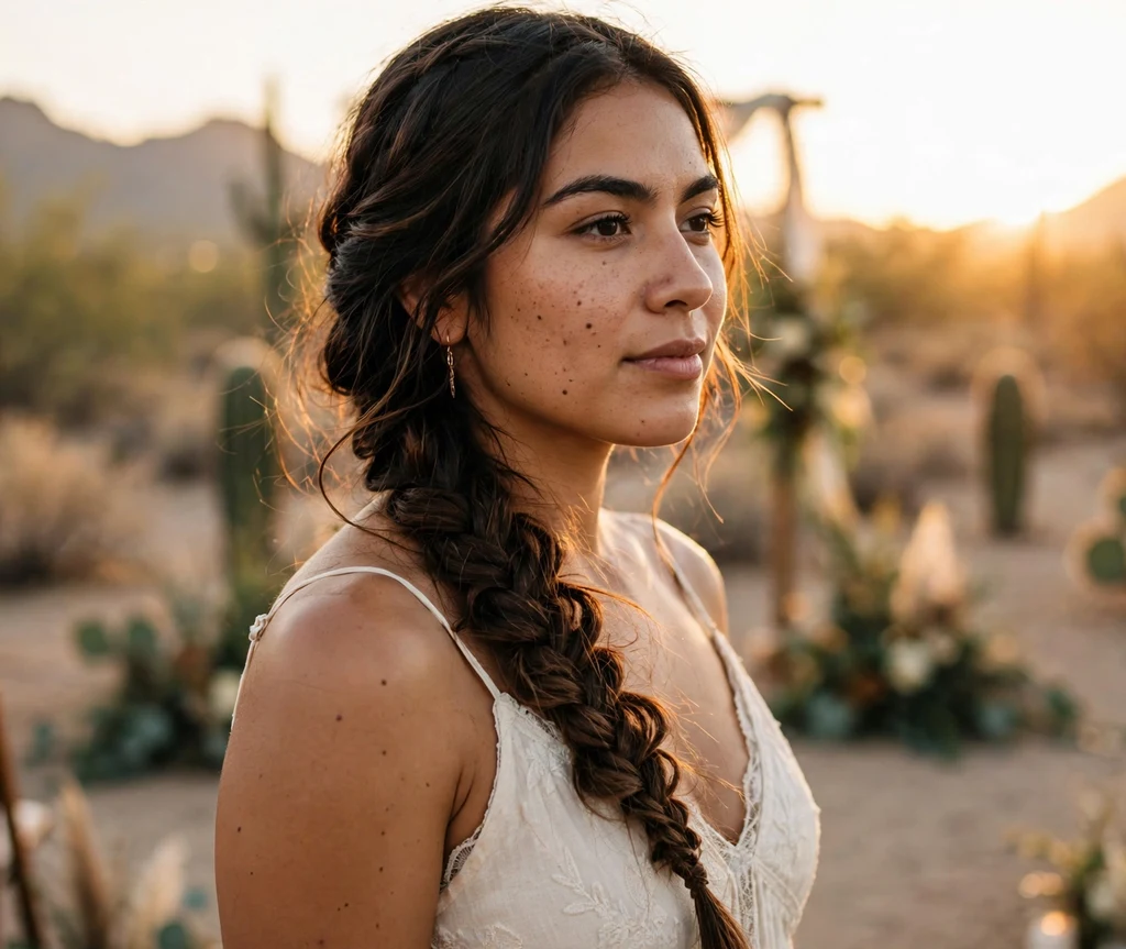 Boho fishtail bridesmaid braid over one shoulder with relaxed finish on long brown hair, cream dress, desert wedding at sunset
