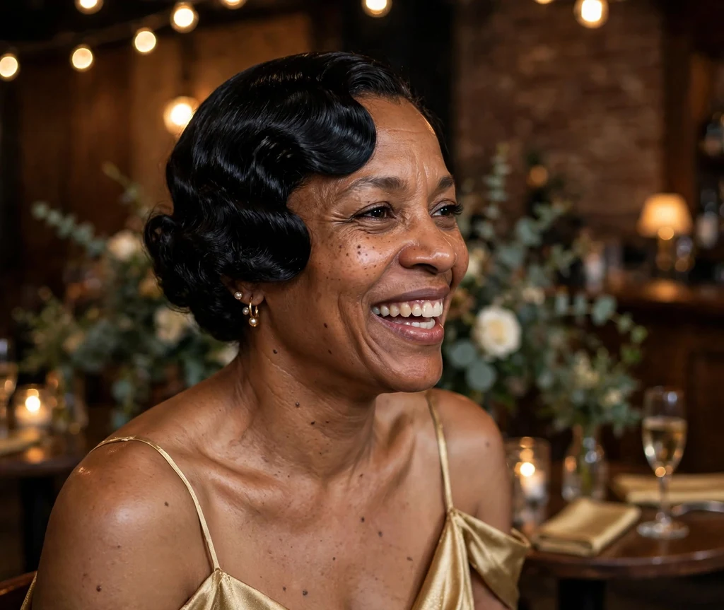 Vintage finger waves with glossy finish on short hair for a bridesmaid, gold dress, jazz-club style wedding venue