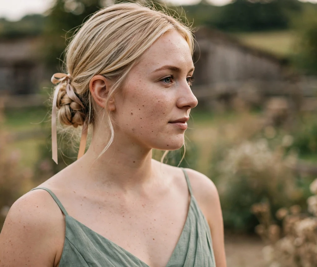 Low braided bridesmaid bun tied with a thin satin ribbon on blonde hair, sage green dress, countryside wedding
