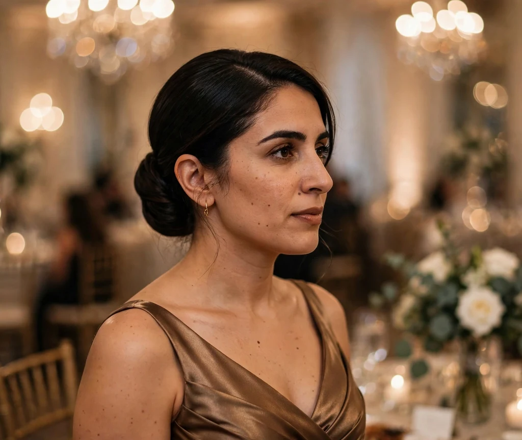 Sleek side-part low bridesmaid chignon on dark hair, bronze dress, ballroom wedding