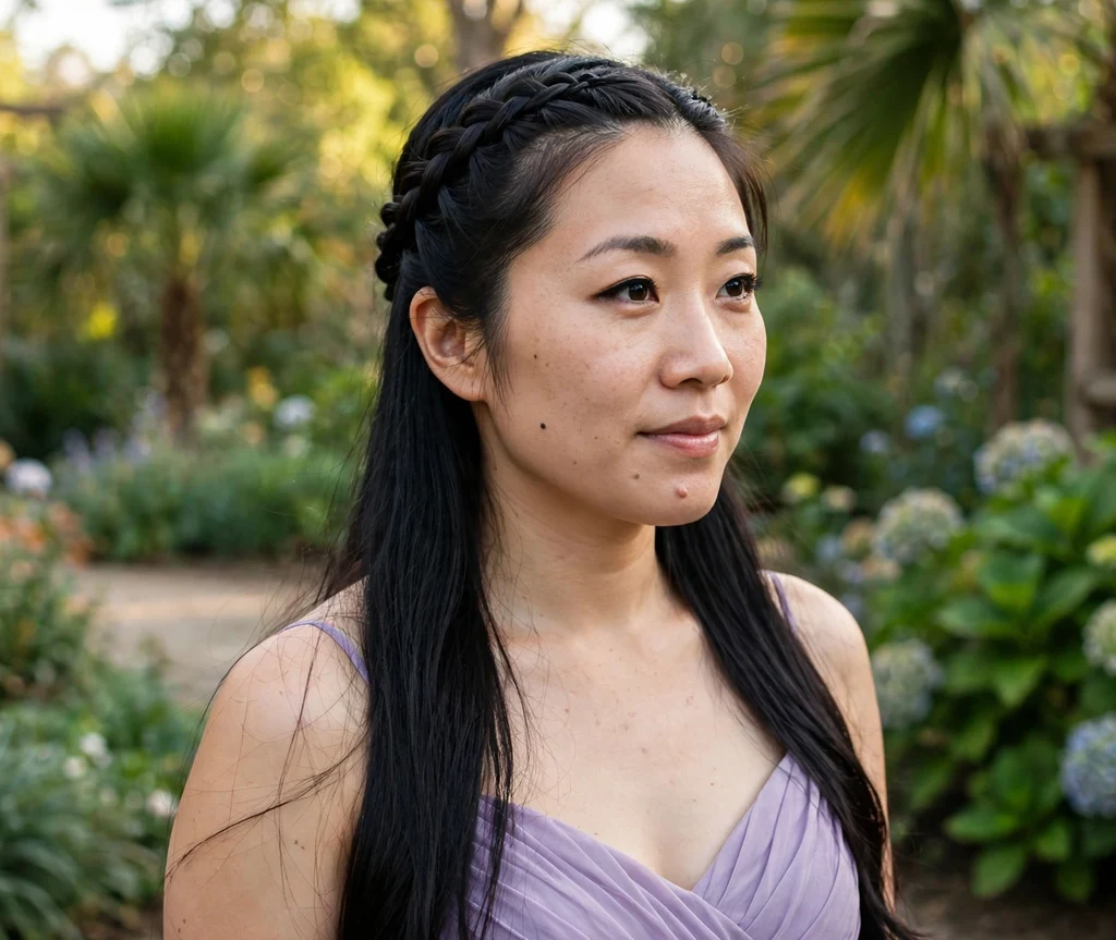 Half-up crown braid with the rest worn long and straight for a bridesmaid on long black hair, lilac dress, botanical garden wedding