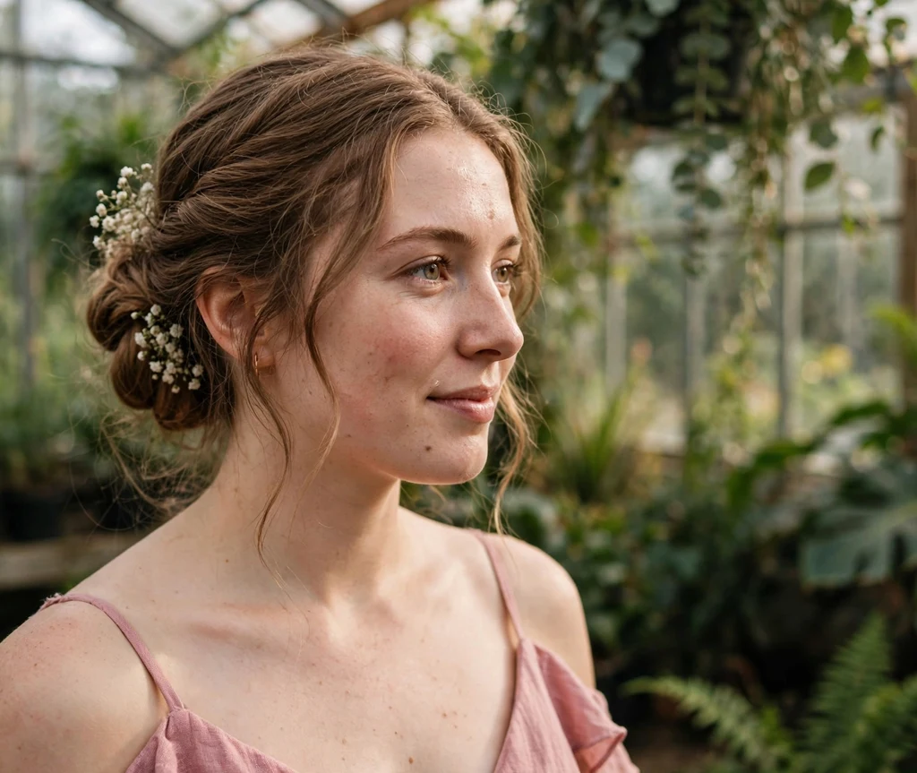 Romantic low bridesmaid bun with sprigs of baby's breath tucked in on light brown hair, dusty pink dress, greenhouse wedding