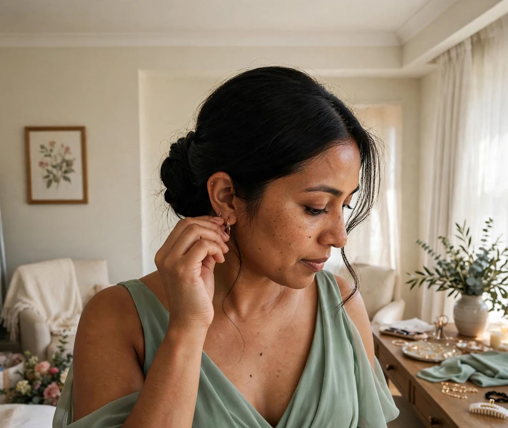 Bridesmaid with a classic low chignon in a bridal suite