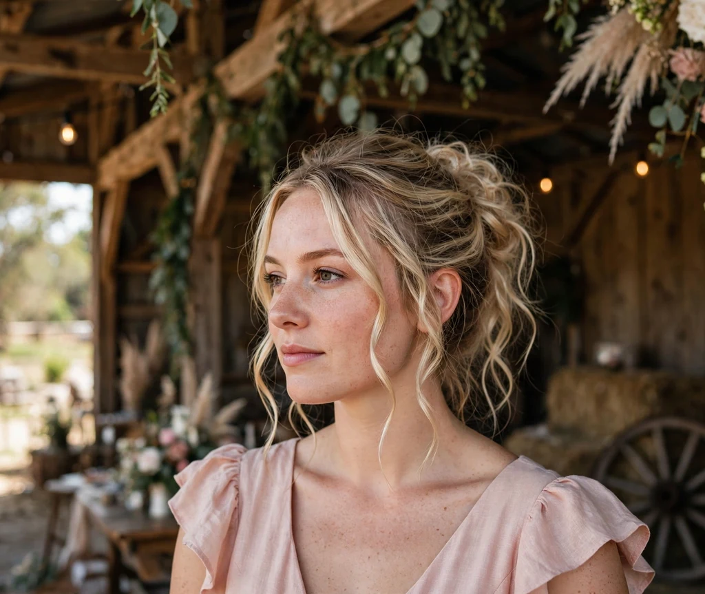 Bridesmaid with a romantic messy bun at a rustic barn wedding