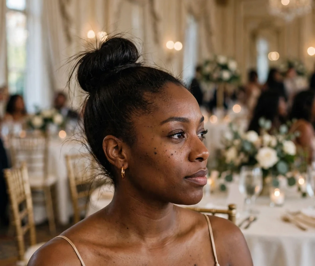 Bridesmaid with a sleek high ballerina bun in a hotel ballroom