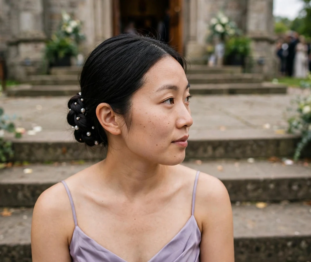 Bridesmaid with a twisted low bun decorated with pearl pins on church steps