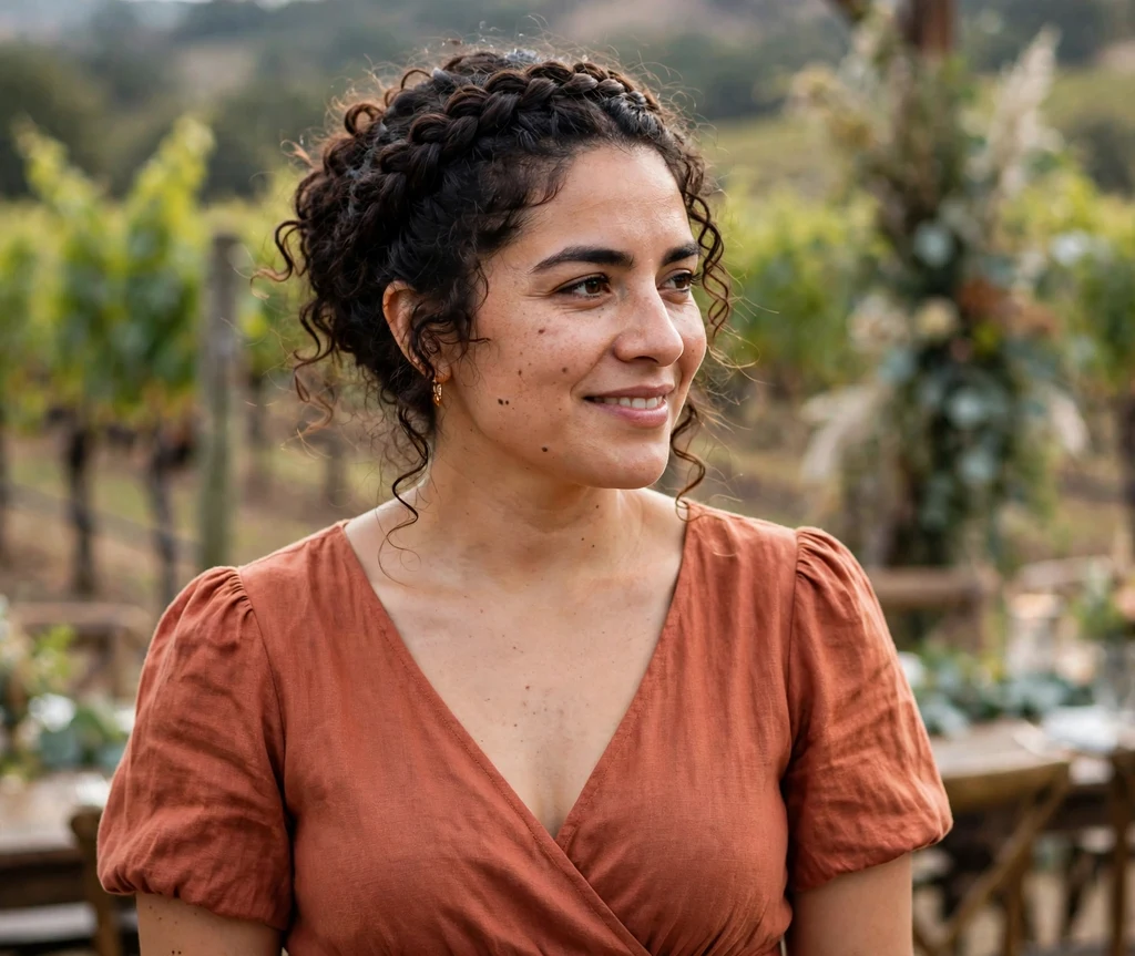 Bridesmaid with a braided crown updo at a vineyard wedding