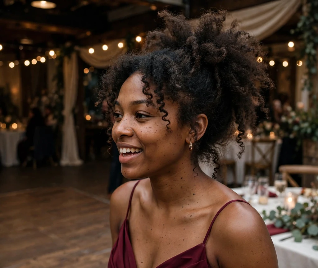 Bridesmaid with a voluminous textured updo on a reception dance floor