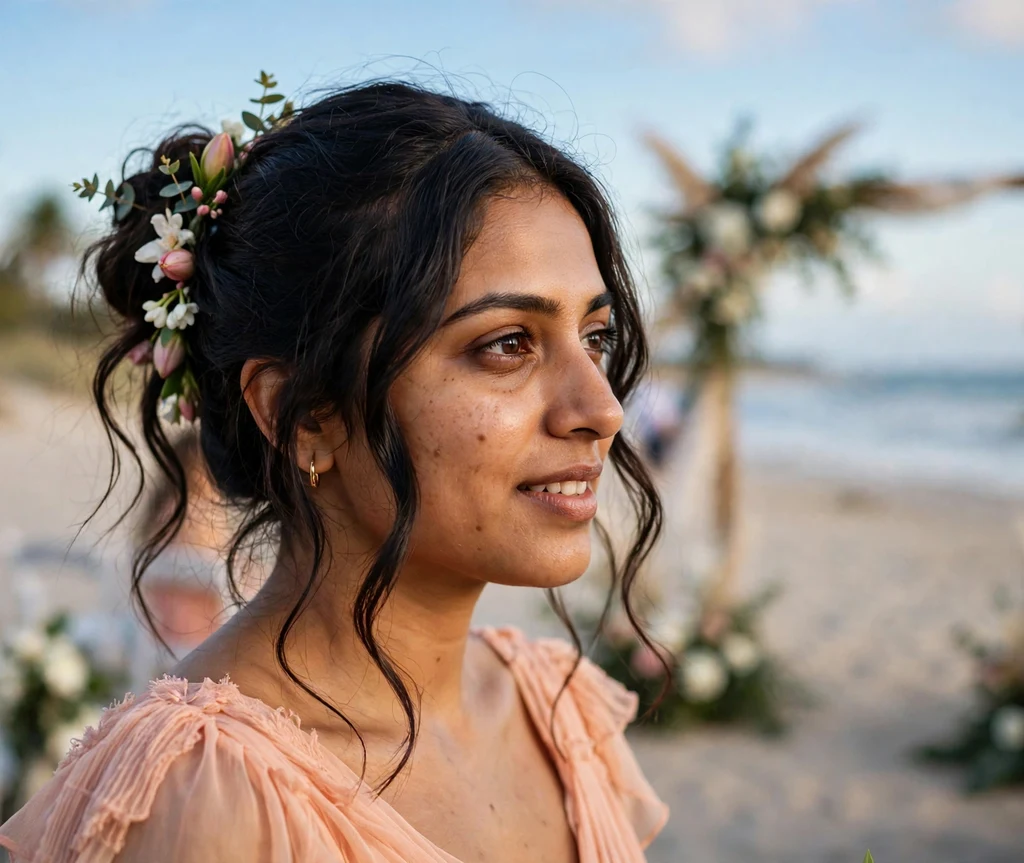 Bridesmaid with a floral-adorned loose bun at a beach wedding