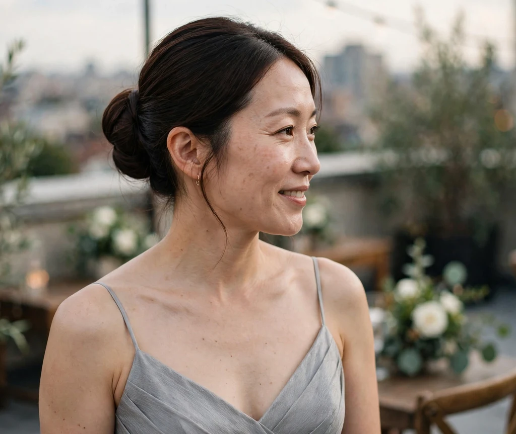 Bridesmaid with a sophisticated sock bun at a rooftop wedding