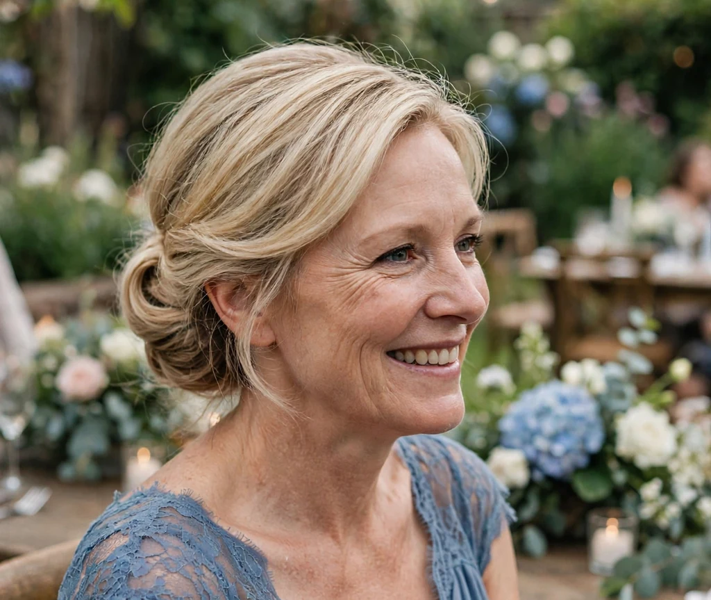 Bridesmaid with a Gibson tuck updo at a garden party wedding