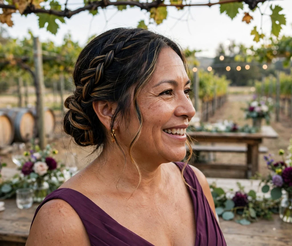 Bridesmaid with a braided low chignon at a winery wedding