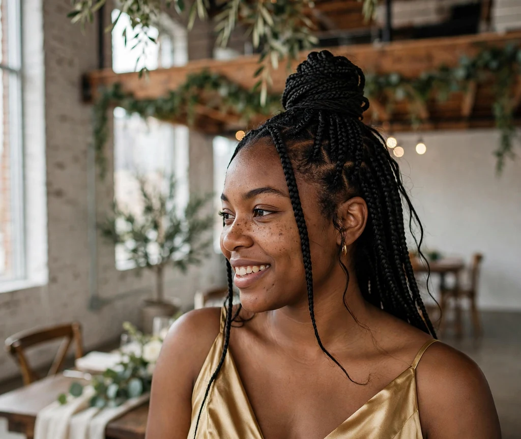 Bridesmaid with an elegant top knot at a modern loft wedding