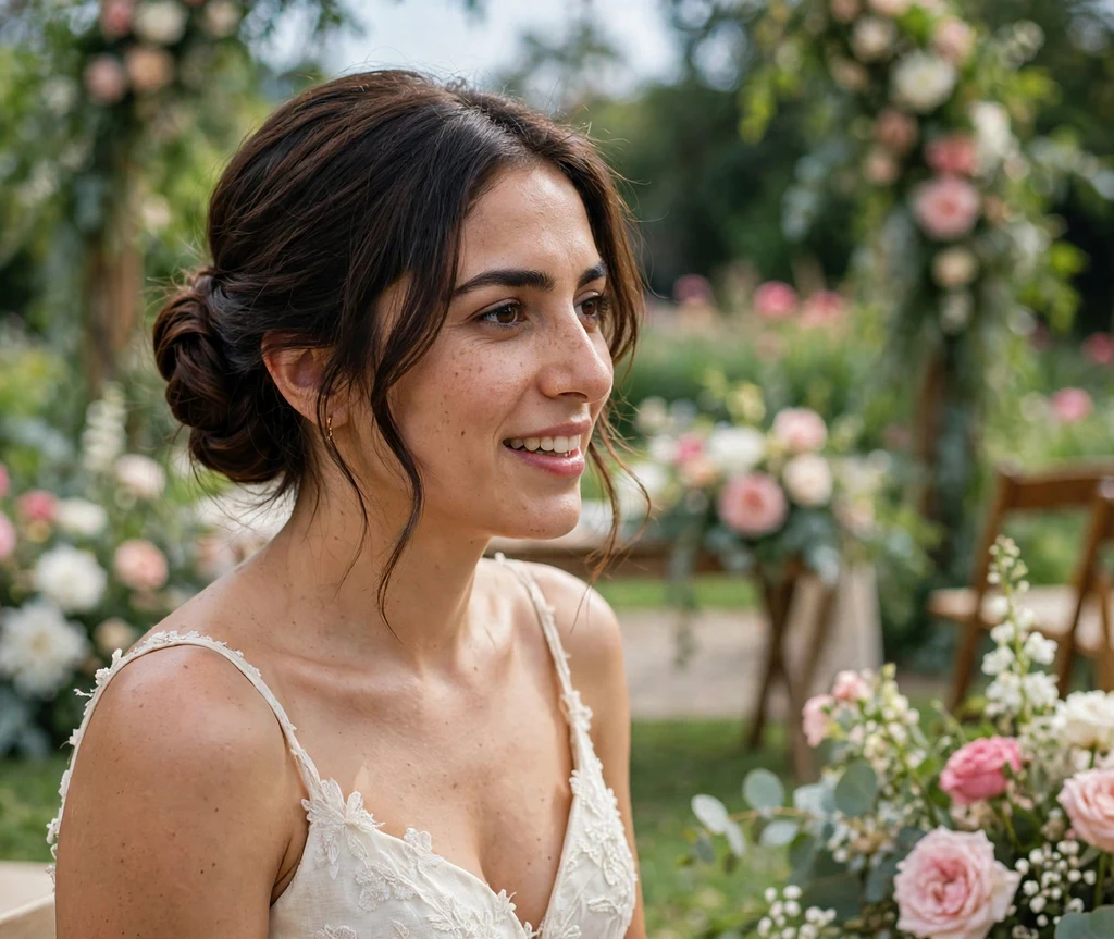 Bridesmaid with a rolled chignon and face-framing pieces at a floral garden wedding