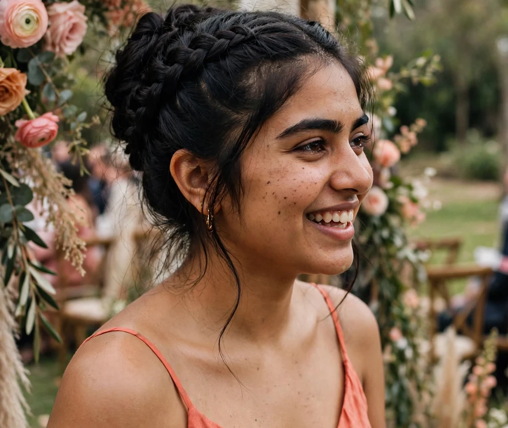 Bridesmaid with a double braid updo at an outdoor floral ceremony