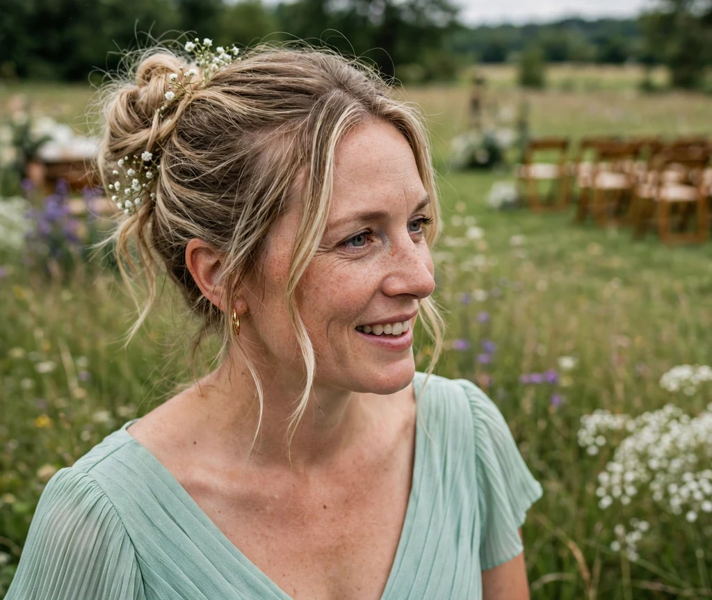 Bridesmaid with a knot bun decorated with baby's breath at a meadow wedding