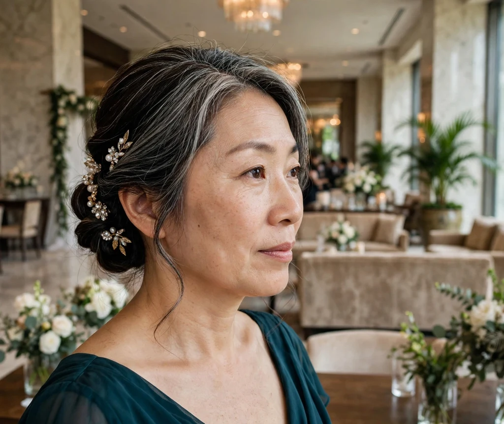 Bridesmaid with a low twisted updo and jeweled pins at a hotel lobby wedding