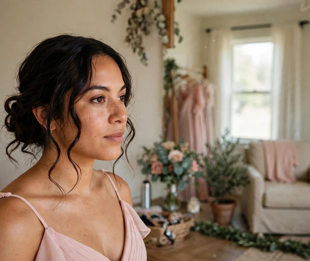 Bridesmaid with a side bun and loose tendrils in a getting-ready room