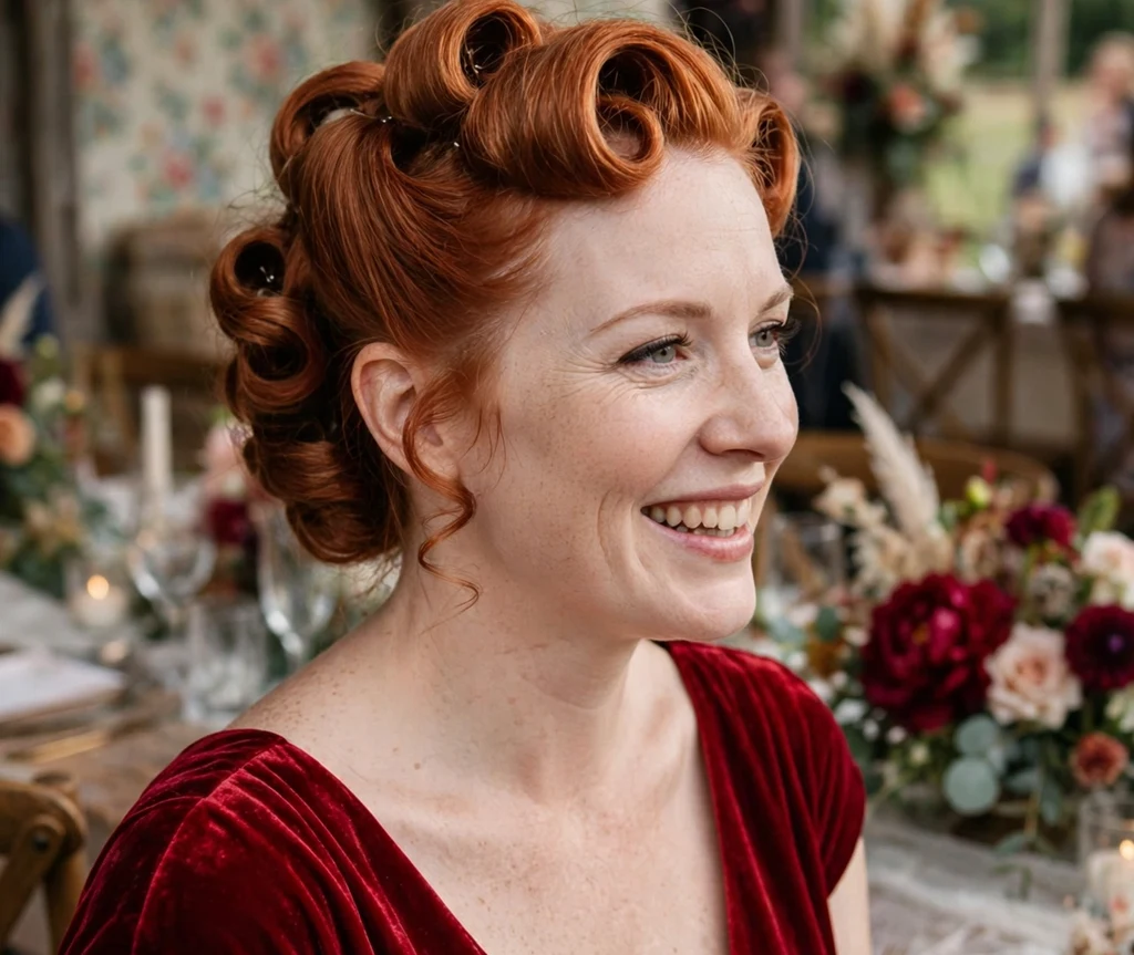 Bridesmaid with a vintage pin-up updo at a retro-themed wedding