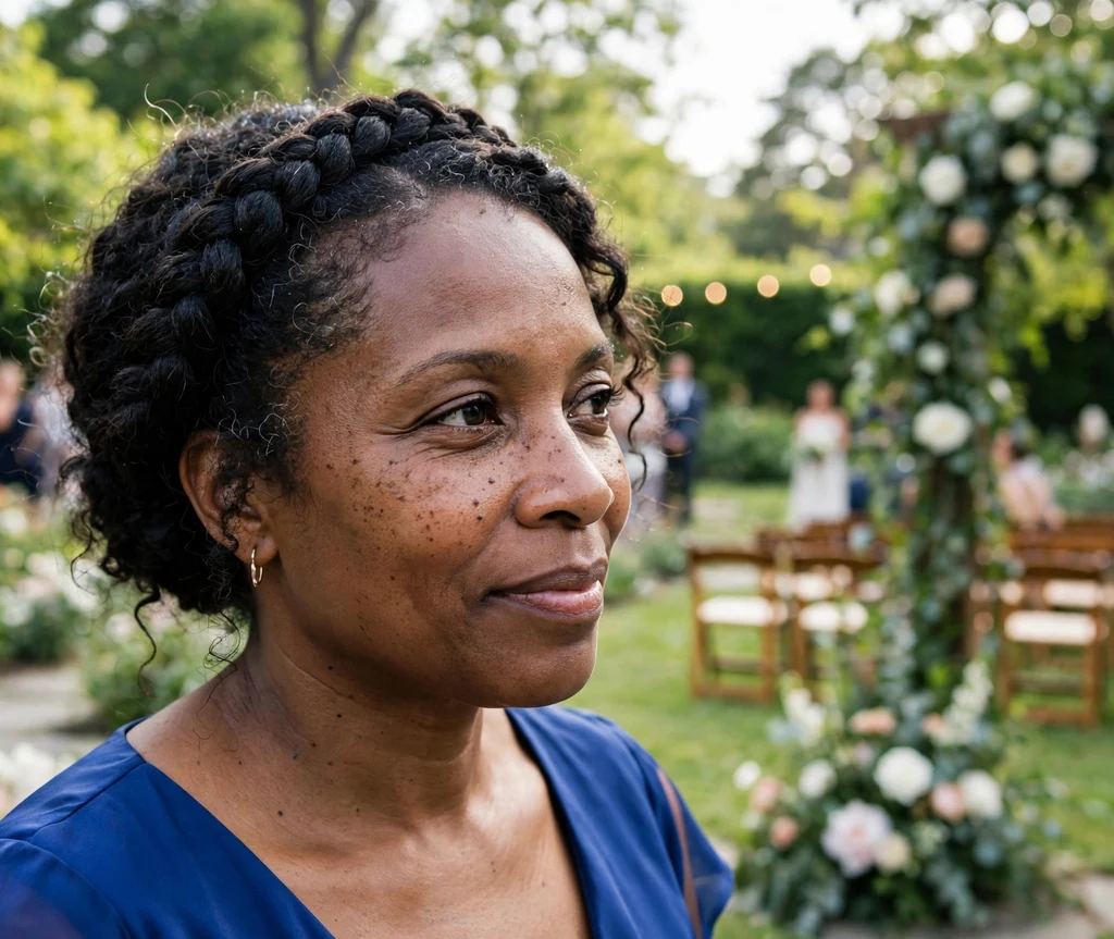 Bridesmaid with a halo braid updo at a garden ceremony