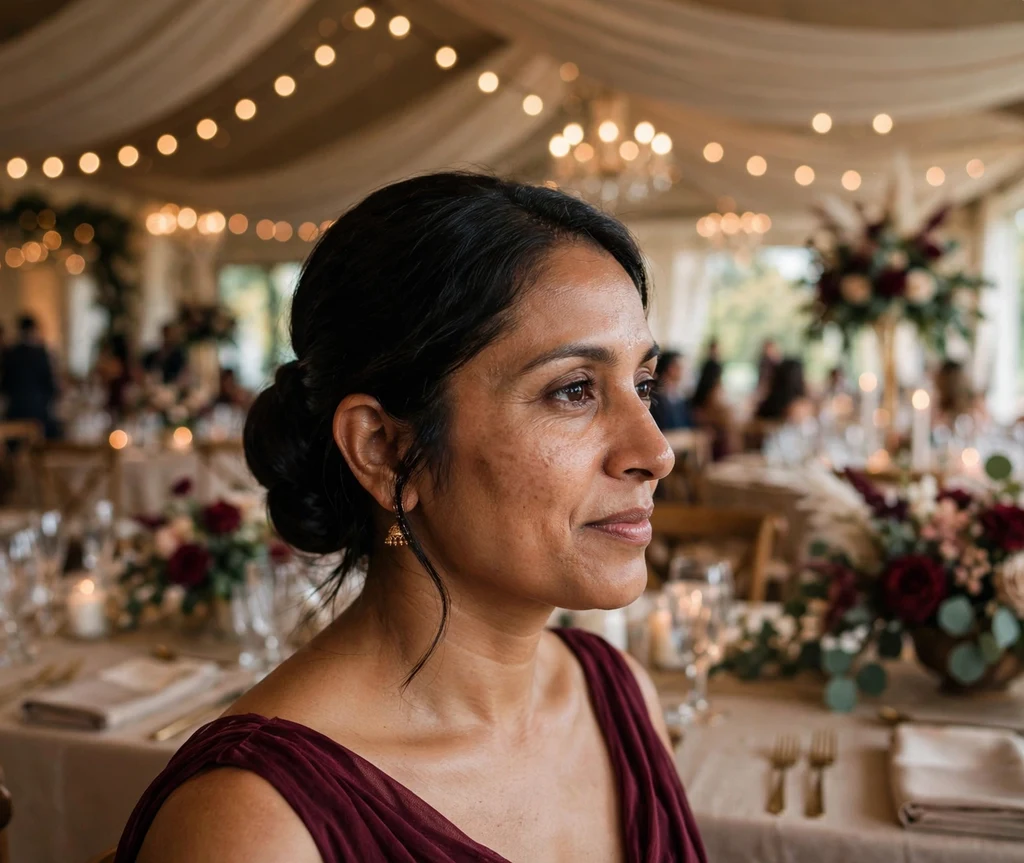 Bridesmaid with a sleek wrapped low bun at a banquet hall wedding