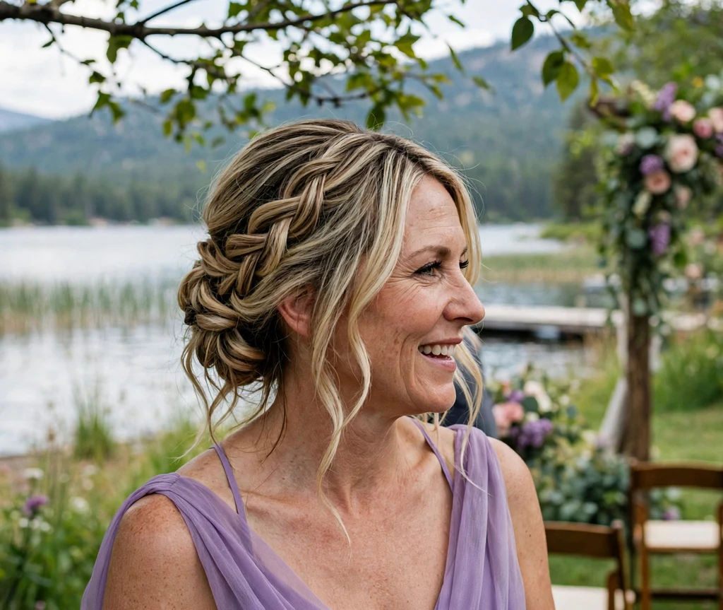 Bridesmaid with a romantic waterfall twist updo at a lakeside wedding