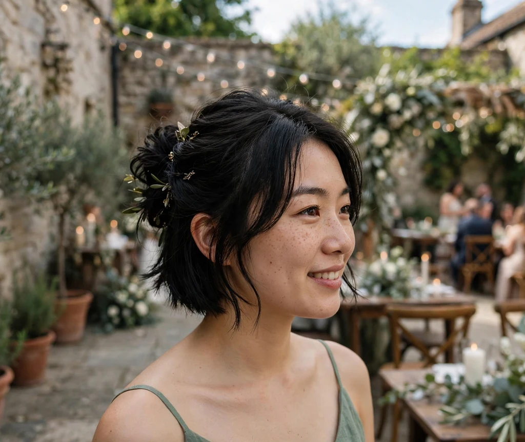 Bridesmaid with a textured lob pinned into a mini updo at a courtyard wedding