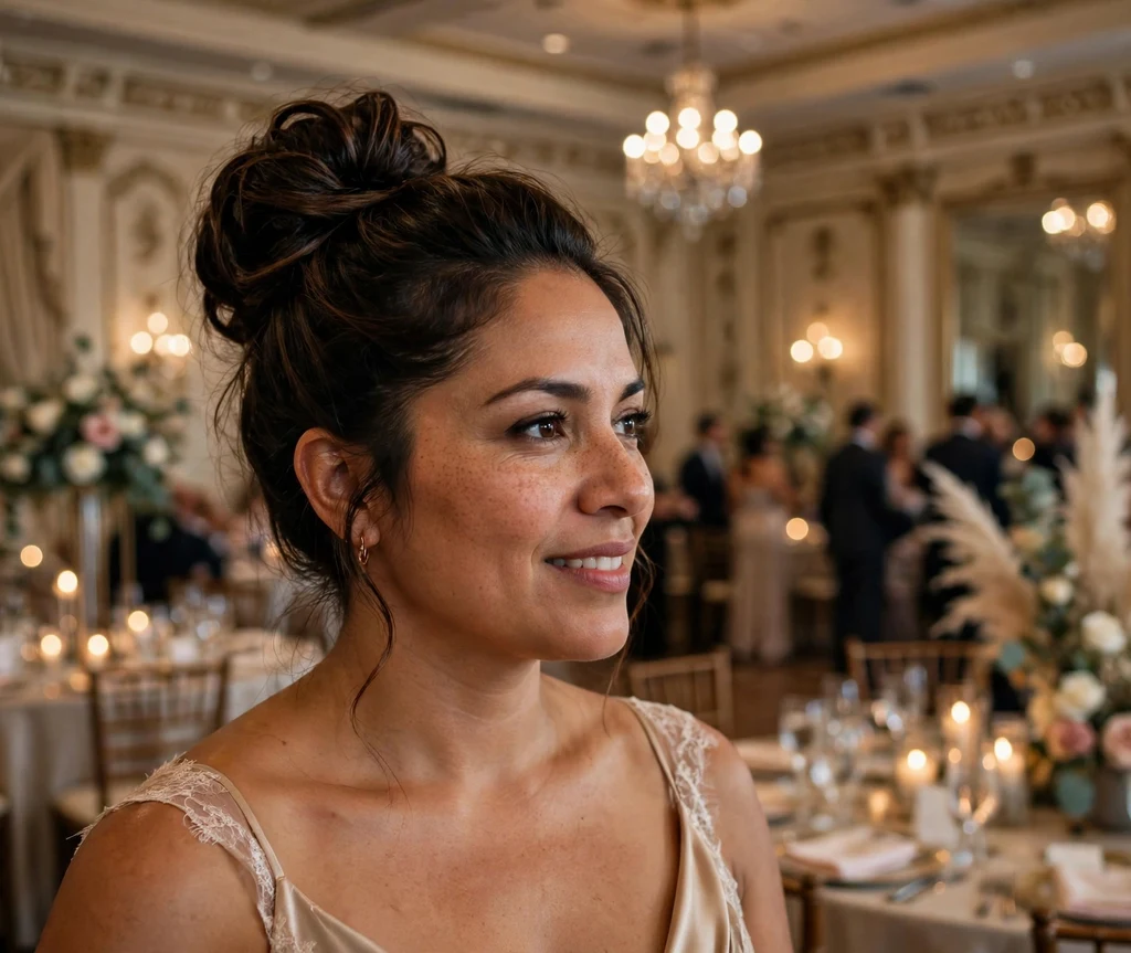 Bridesmaid with a glamorous high chignon at a ballroom wedding